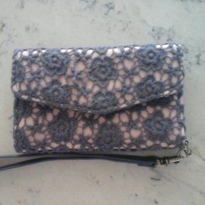Gray Floral Lace over Pink Wristlet Wallet.  Size  3x5